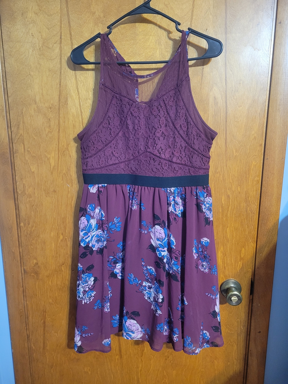 Xhilaration Burgundy Lace Dress with Blue Floral Accents